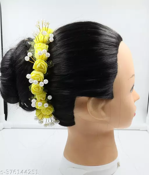 Pushpa Creation Elegant Artificial Flower Hair Veni for Weddings and Special Occasions.hair Accessories Yellow