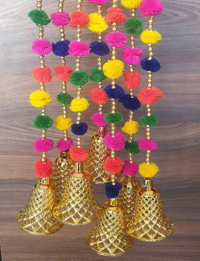 Pushpa Creation Handicrafts Recycled Woollen Pom Pom Door Hanging Torans with Bell, Wall Hangings Latkans for Decoration (Approx. 4.5 ft Strings) 5 pcs