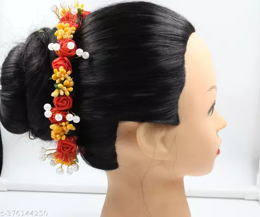 Pushpa Creation Elegant Artificial Flower Hair Veni for Weddings and Special Occasions.hair AccessoriesRed Flowers