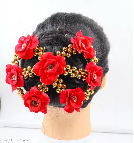 Pushpa Creation Handmade Artificial Hair Bun Flower Accessories for Effortless Elegance Red flower and Golden Beads